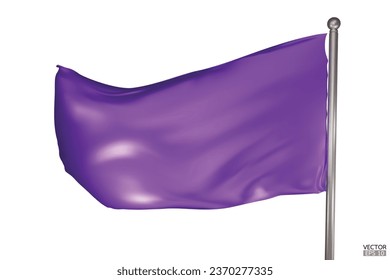 Blank purple flag on white background. A purple flag waving in the wind on the flagpole. Purple flag template. 3d vector illustration.