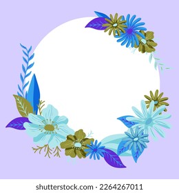 Blank purple Frame Decorated With Colorful Flowers And Foliage Arranged Harmoniously. Empty Poster Border Surrounded By Multicolored Bouquet Organized Pleasantly.
