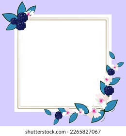 Blank purple Frame Decorated With Colorful Flowers And Foliage Arranged Harmoniously. Empty Poster Border Surrounded By Multicolored Bouquet Organized Pleasantly.