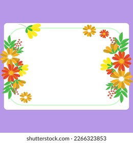 Blank purple Frame Decorated With Colorful Flowers And Foliage Arranged Harmoniously. Empty Poster Border Surrounded By Multicolored Bouquet Organized Pleasantly.