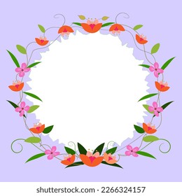 Blank purple Frame Decorated With Colorful Flowers And Foliage Arranged Harmoniously. Empty Poster Border Surrounded By Multicolored Bouquet Organized Pleasantly.