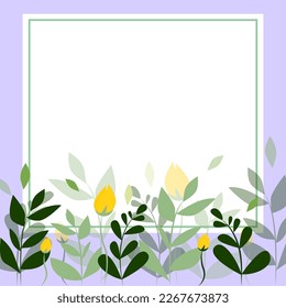 Blank purple Frame Decorated With Colorful Flowers And Foliage Arranged Harmoniously. Empty Poster Border Surrounded By Multicolored Bouquet Organized Pleasantly.