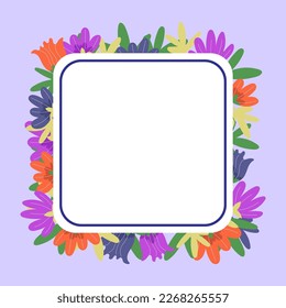 Blank purple Frame Decorated With Colorful Flowers And Foliage Arranged Harmoniously. Empty Poster Border Surrounded By Multicolored Bouquet Organized Pleasantly.