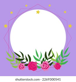 Blank purple Frame Decorated With Colorful Flowers And Foliage Arranged Harmoniously. Empty Poster Border Surrounded By Multicolored Bouquet Organized Pleasantly.