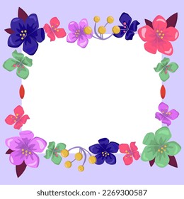 Blank purple Frame Decorated With Colorful Flowers And Foliage Arranged Harmoniously. Empty Poster Border Surrounded By Multicolored Bouquet Organized Pleasantly.