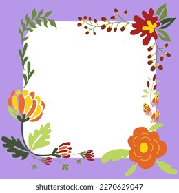 Blank purple Frame Decorated With Colorful Flowers And Foliage Arranged Harmoniously. Empty Poster Border Surrounded By Multicolored Bouquet Organized Pleasantly.