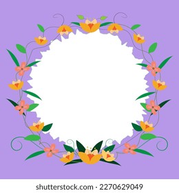 Blank purple Frame Decorated With Colorful Flowers And Foliage Arranged Harmoniously. Empty Poster Border Surrounded By Multicolored Bouquet Organized Pleasantly.