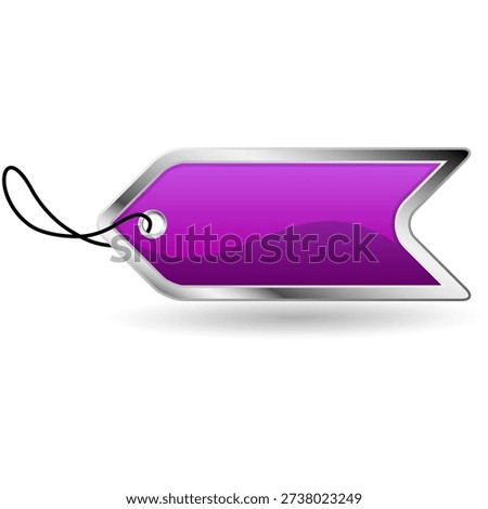 Blank purple gift tag featuring a shiny metallic border and attached black string provides ample empty space for important text regarding discounts or product identification.