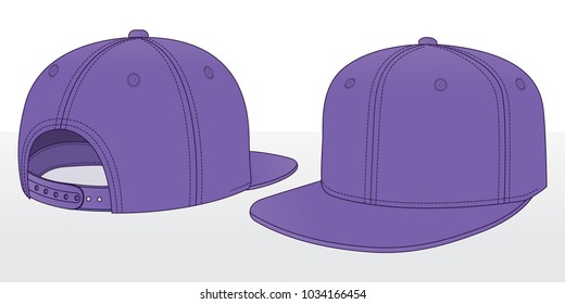 Blank purple hip hop cap with adjustable snap back strap closure template on gray background, vector file. 