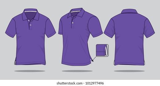 Blank Purple Polo Shirt Design With Side Vents Hem Vector For Template.Front, Perspective And Back Views.