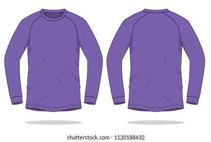 Blank Purple Raglan Long Sleeve T-shirt Template on White Background. Front and Back View.