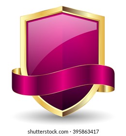 Blank purple shield with gold border and ribbon on white background