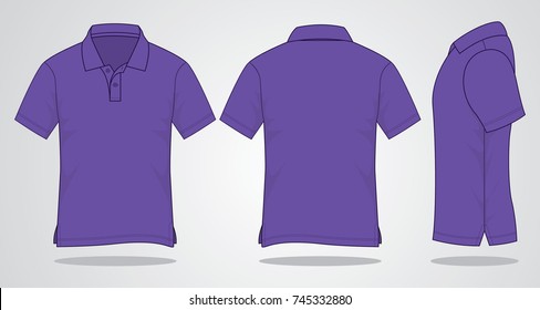 Blank Purple Short Sleeve Polo Shirt Template on Gray Background. Front, Back and Side Views, Vector File.