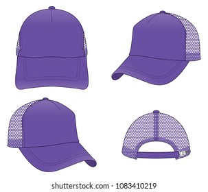 Blank purple trucker cap with mesh at side and back, adjustable slider plastic buckle zip template on white background. vector file