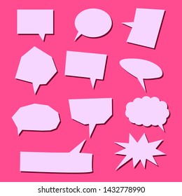 blank purple various shape cartoon speech bubbles set with dark shadow isolated on pink background. vector illustration