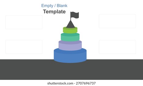 Blank pyramid chart infographic template featuring a tiered structure capped with a goal flag and surrounded by four empty text boxes against a white background.