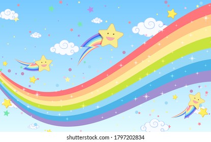 Blank rainbow with smiley stars on bright blue sky background illustration