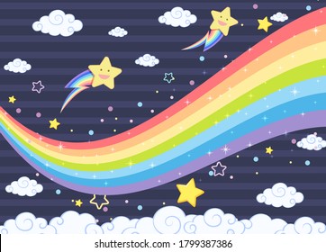 Blank rainbow with smiley stars on dark blue sky background illustration