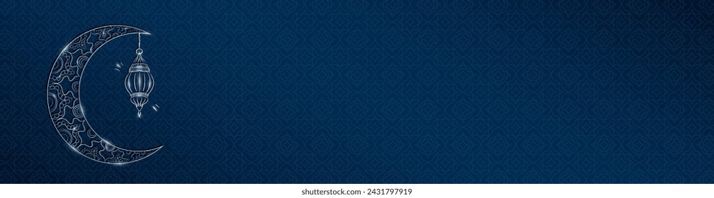 Blank Ramadan Kareem blue panoramic banner with hand drawn linear silver crescent moon and shiny Arabic lantern. Empty header with outline Muslim crescent, lamp and arabesque pattern for Eid Mubarak