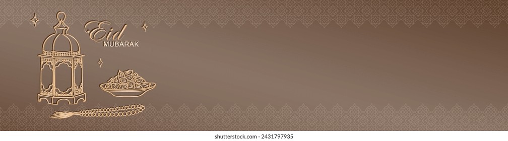 Blank Ramadan Kareem header with hand drawn linear golden Arabic lantern, Muslim rosary praying beads and dates in bowl as a dish for Iftar. Panoramic banner with empty place for text for Eid Mubarak