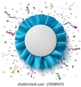 Blank, realistic blue fabric award ribbon with colorful confetti and ribbons, isolated on white background. Badge. Vector illustration