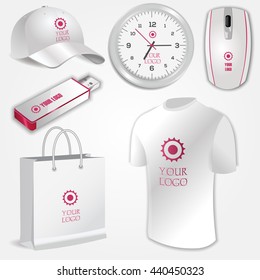 Blank realistic clock,  computer mouse,white shirt,  flash drive, shopping bag and baseball cap isolated on white vector. Display Mock up for corporate identity and promotion objects