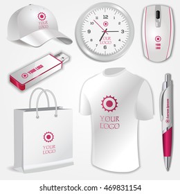 Blank realistic clock, computer mouse,white shirt, flash drive, shopping bag, pen and baseball cap isolated on white vector. Display Mock up for corporate identity and promotion objects