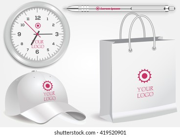 Blank realistic clock, shopping bag, white pen and baseball cap isolated on white vector. Display Mock up for corporate identity and promotion objects