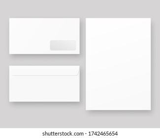 Vista frontal y posterior de sobre cerrado realista en blanco. Sobres con maquillaje de papel blanco. Vector de mordaza aislado. Diseño de plantilla. Ilustración vectorial realista.