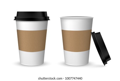 Blank realistic coffee cup mockup. Paper cups isolated on white. Plastic coffee cup templates over white background