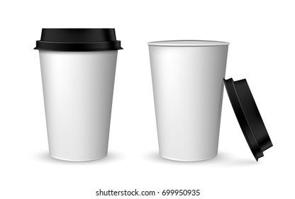 Blank realistic coffee cup mockup. Realistic paper coffee cup set. Paper cups isolated on white. Plastic coffee cup templates over white background