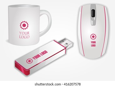 Blank realistic computer mouse, flash drive and white cup isolated on white vector. Display Mock up for corporate identity and promotion objects