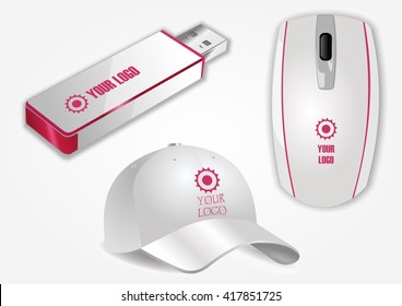 Blank realistic computer mouse, flash drive and white baseball cap isolated on white vector. Display Mock up for corporate identity and promotion objects