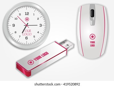 Blank realistic computer mouse, flash drive and clock isolated on white vector. Display Mock up for corporate identity and promotion objects