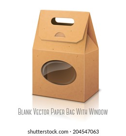 Blank realistic craft paper packaging bag with handle and transparent window isolated on white with reflection. Vector