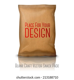 Blank realistic craft paper snack pack isolated on white background with reflection, and place for your design and branding. Vector