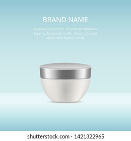 Blank realistic cream container. Mockup, ads template, cosmetic package, jar vector illustration on blue background