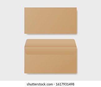 Blank realistic envelope in front and back view mockup. Envelope Kraft paper mockup. Mockup vector isolated. Template design. Realistic vector illustration.