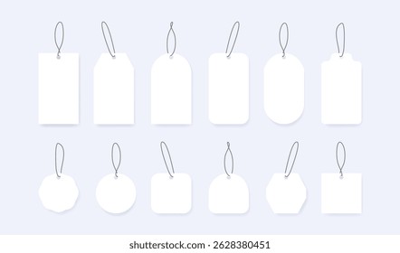 Blank realistic hanging tags with different shapes and cords, ideal for product labels, pricing, or branding mockups. Set price tags vector, isolated