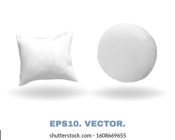 Blank realistic images, round and square pillows, isolated on white background. Soft cushions for comfortable dreaming and sweet sleep. Mockups for presentation your products. Vector illustrations kit
