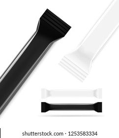 Blank realistic mockup of packaging stick. White and black view. Vector illustration isolated on white background. Can be used for sugar, salt, coffee and etc. EPS10.
