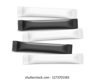 Blank realistic mockups of packaging stick. White and black view. Vector illustration isolated on white background. Can be used for sugar, salt, coffee and etc. EPS10.