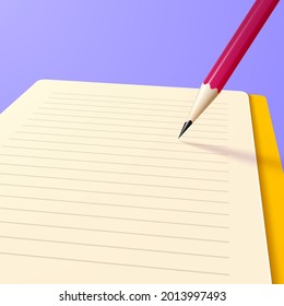 Blank realistic note book or notebook with pencil and free space for text. Vector illustration.