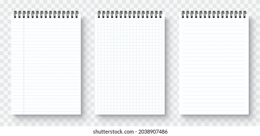 Blank realistic notebook, organizer and diary with lined and squared paper page template - stock vector.