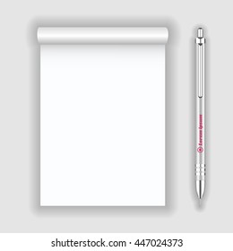 Blank realistic notepad notebook and pen isolated on white background. Display Mock up for corporate identity and promotion objects