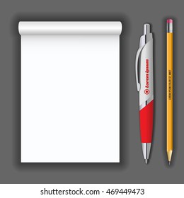 Blank realistic notepad notebook, pen and pencil isolated on dark grey background. Display Mock up for corporate identity and promotion objects