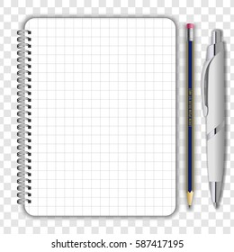 Blank realistic notepad notebook, pen and pencil isolated on transparent background. Display Mock up for corporate identity and promotion objects