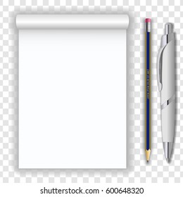 Blank realistic notepad notebook, pencil and pen isolated on transparent background. Display Mock up for corporate identity and promotion objects