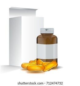 Blank realistic Omega 3 Package Design with fish oil pills. Front view mock up.