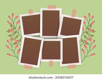 Blank Realistic Photo Frames Mockup. Greeting spring Scrapbook template with leaves and flowers. Empty print-holder for memory with shadows adhesive tape for album.